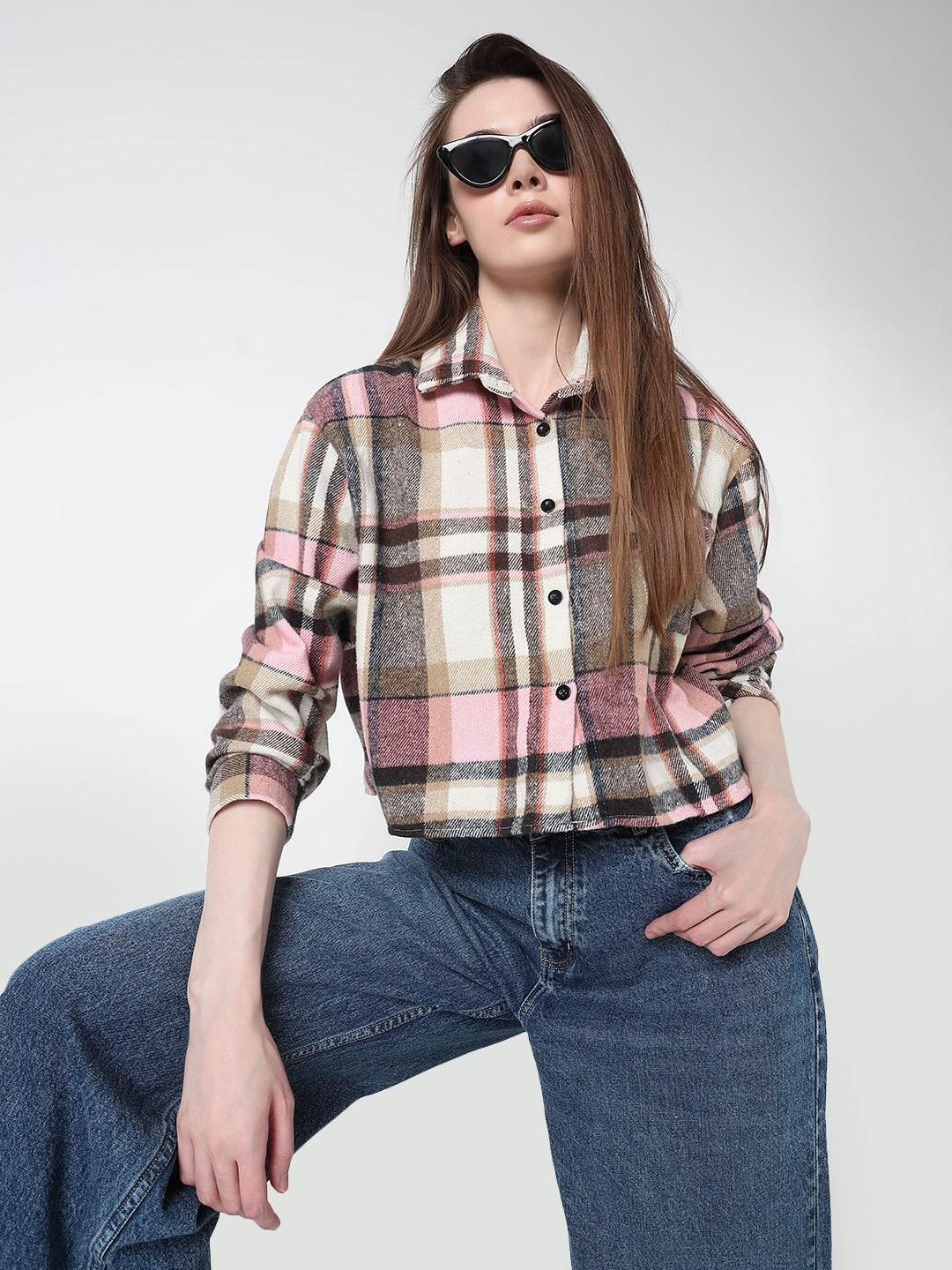 Women's Checked Pink Relaxed Fit Crop Shirt with Chest Pocket