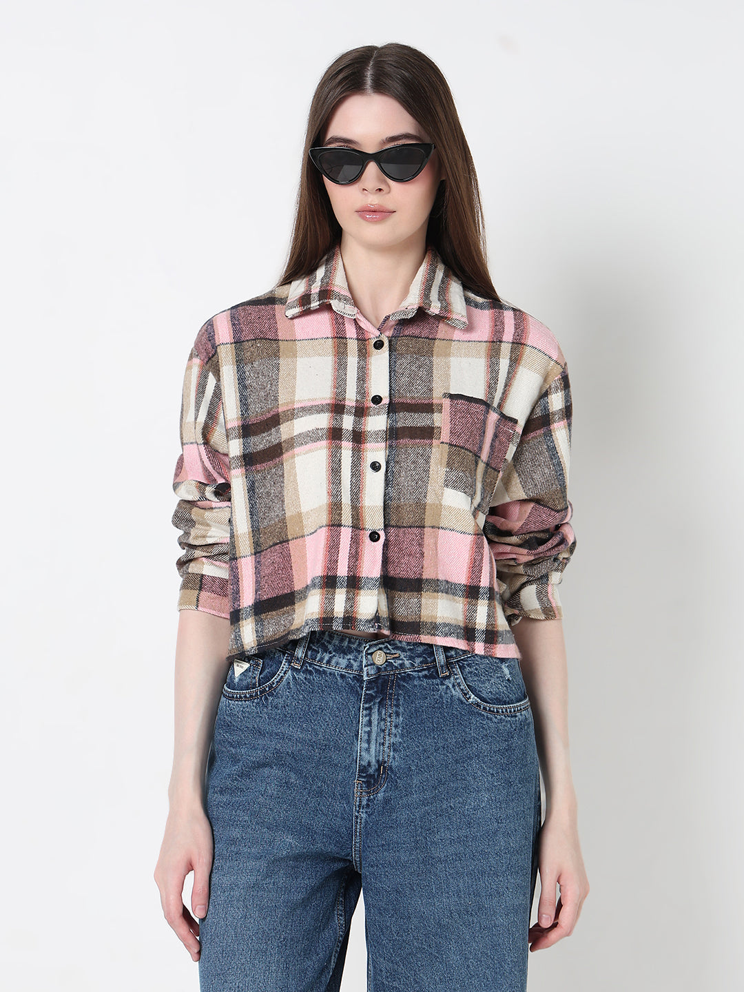 Women's Checked Pink Relaxed Fit Crop Shirt with Chest Pocket
