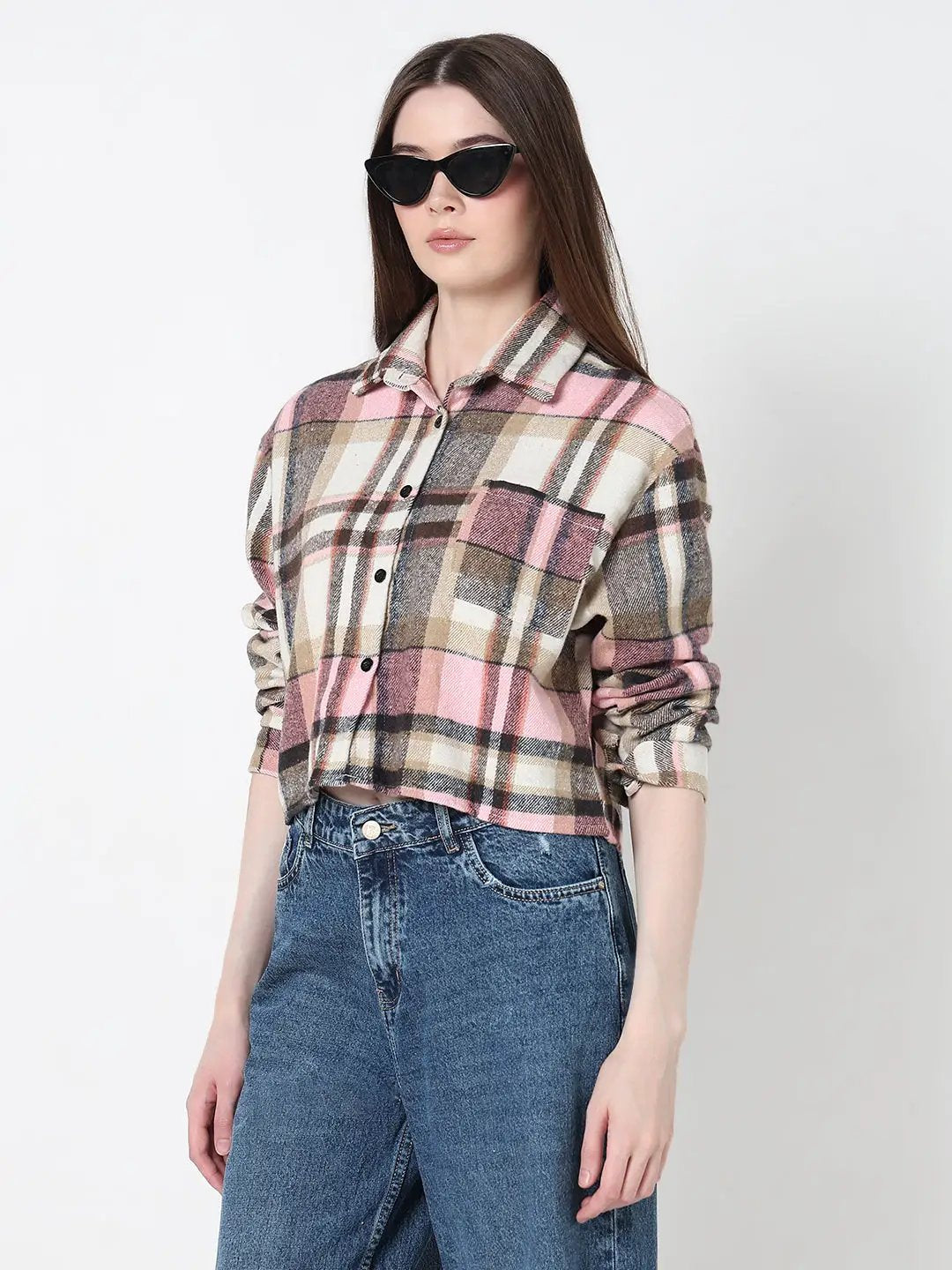 Women's Checked Pink Relaxed Fit Crop Shirt with Chest Pocket - from SHOWOFFFF