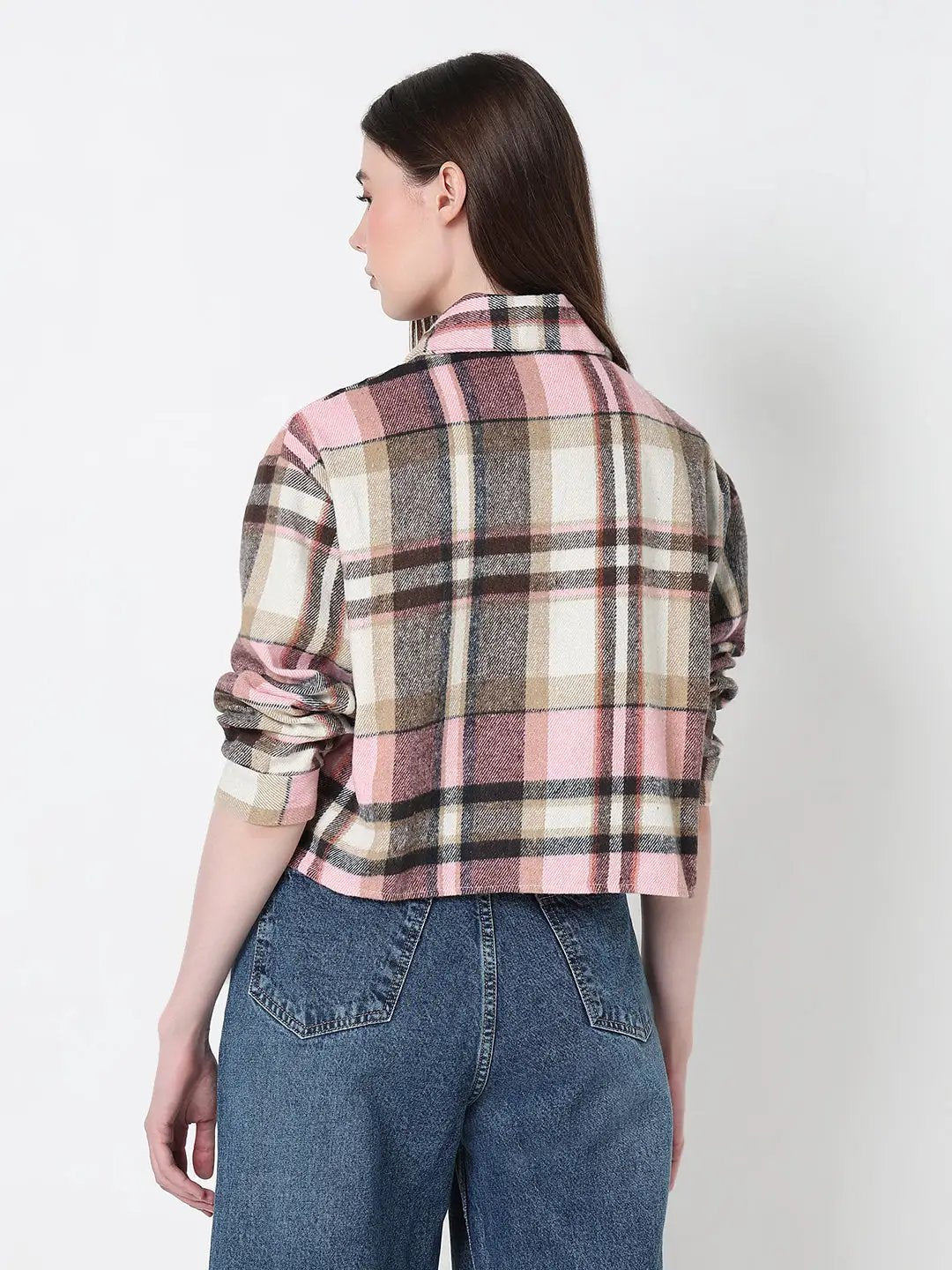 Women's Checked Pink Relaxed Fit Crop Shirt with Chest Pocket - from SHOWOFFFF