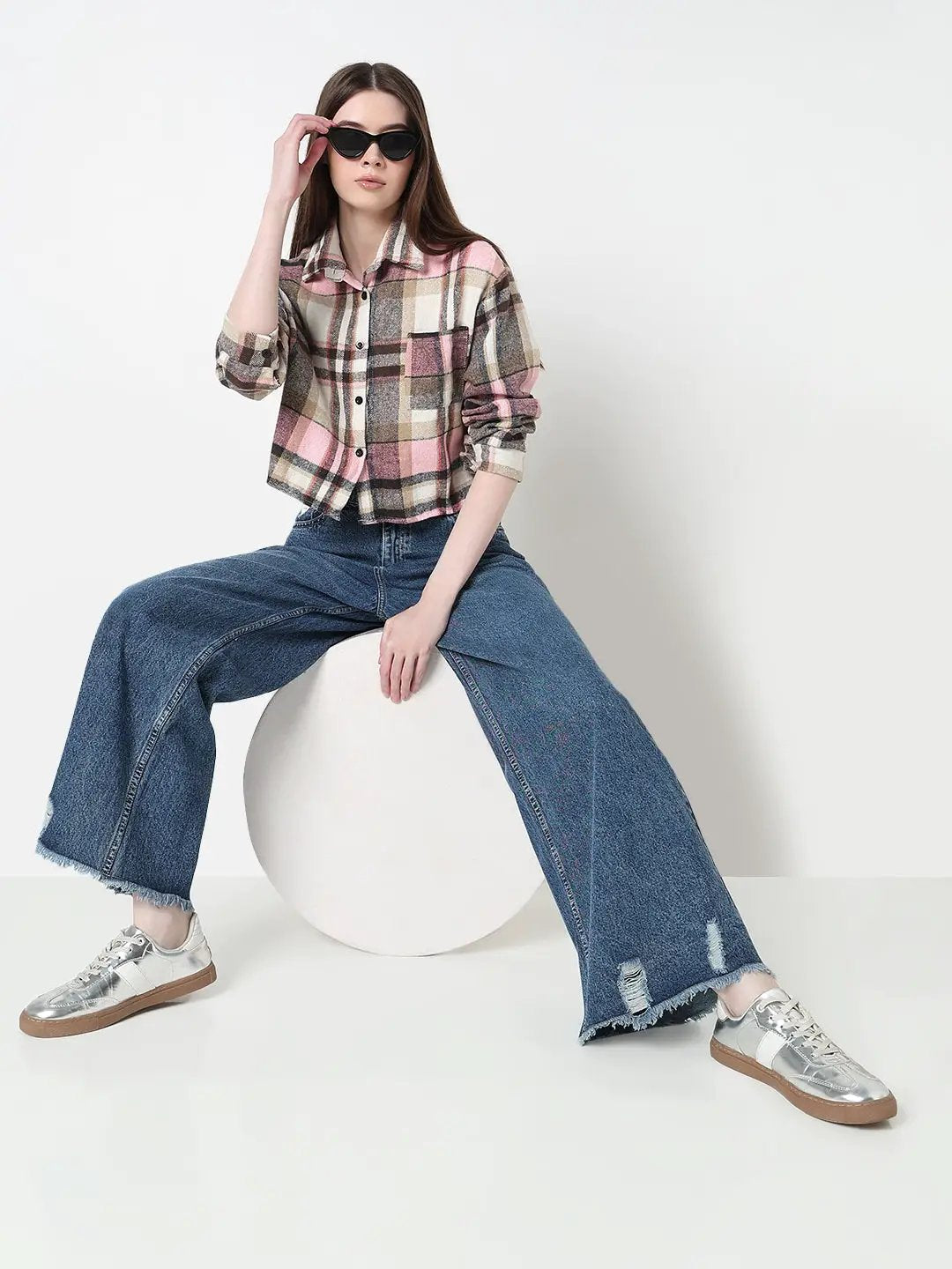 Women's Checked Pink Relaxed Fit Crop Shirt with Chest Pocket - from SHOWOFFFF