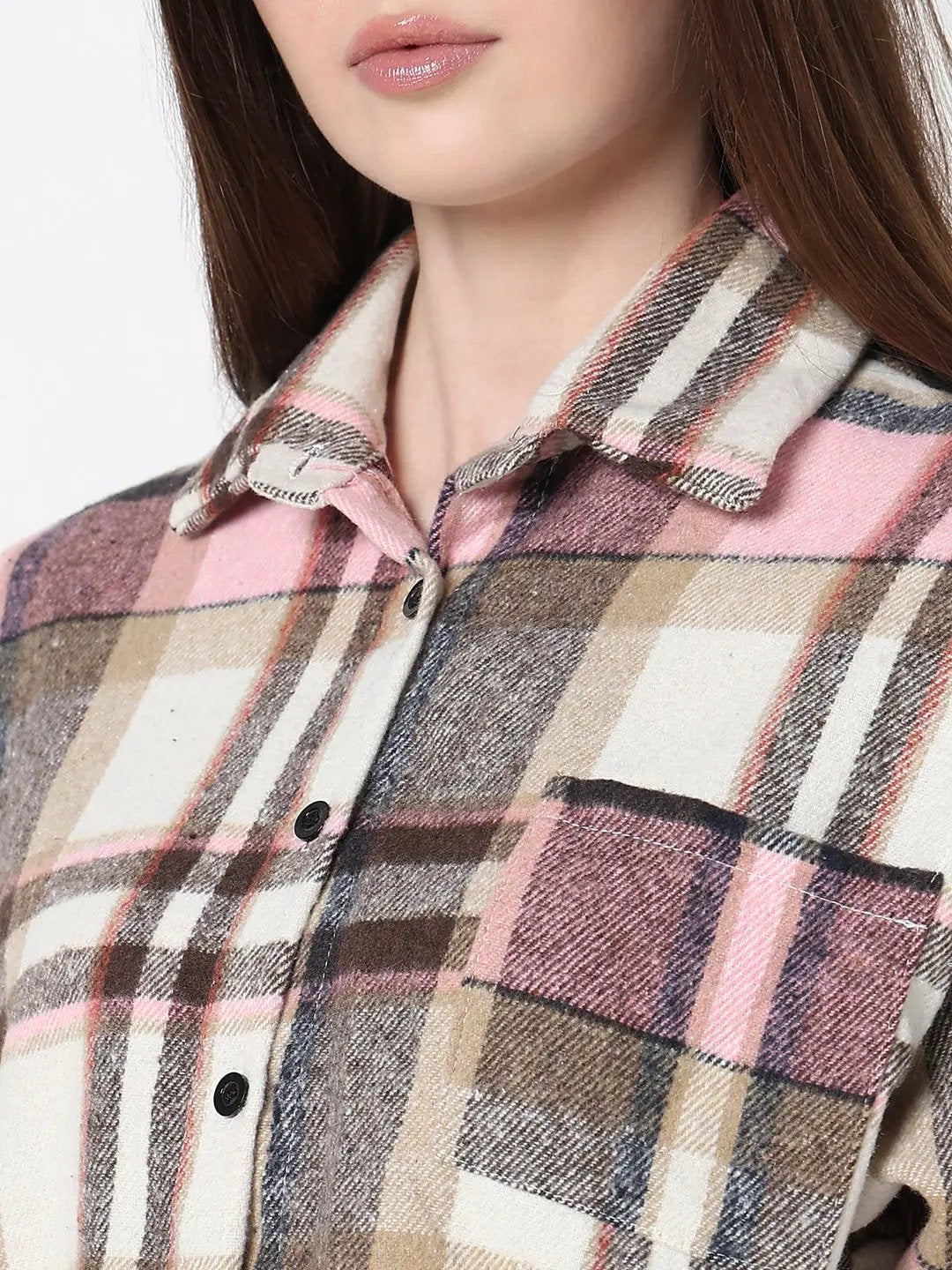 Women's Checked Pink Relaxed Fit Crop Shirt with Chest Pocket - from SHOWOFFFF