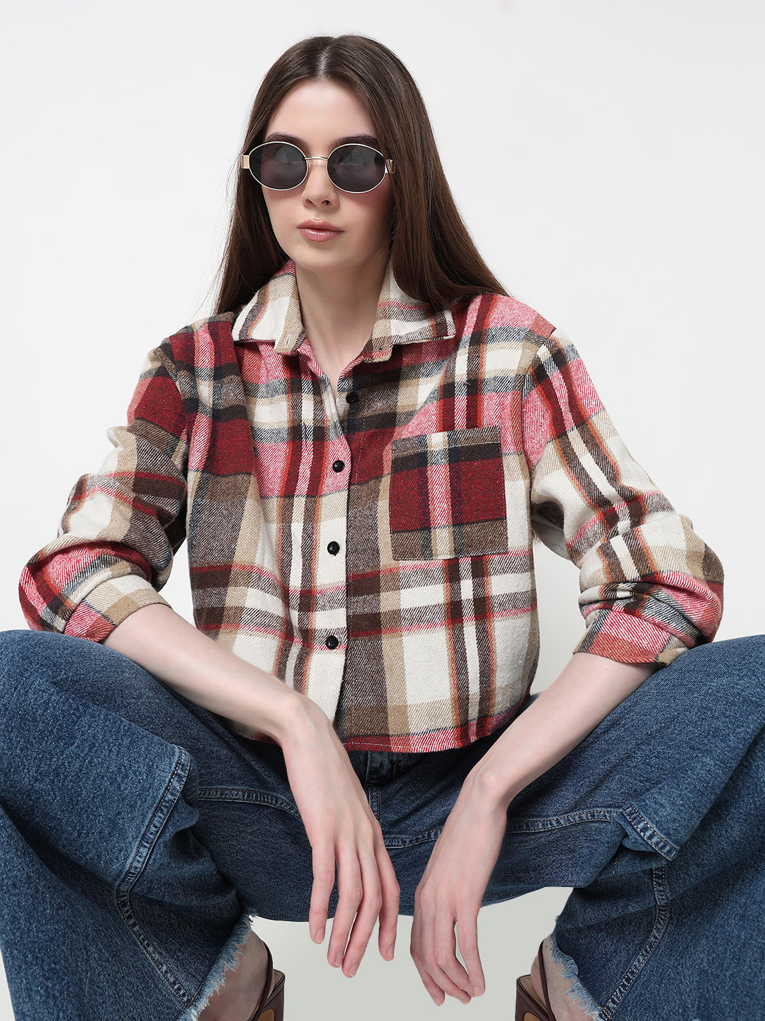 Women's Checked Red Relaxed Fit Crop Shirt with Chest Pocket