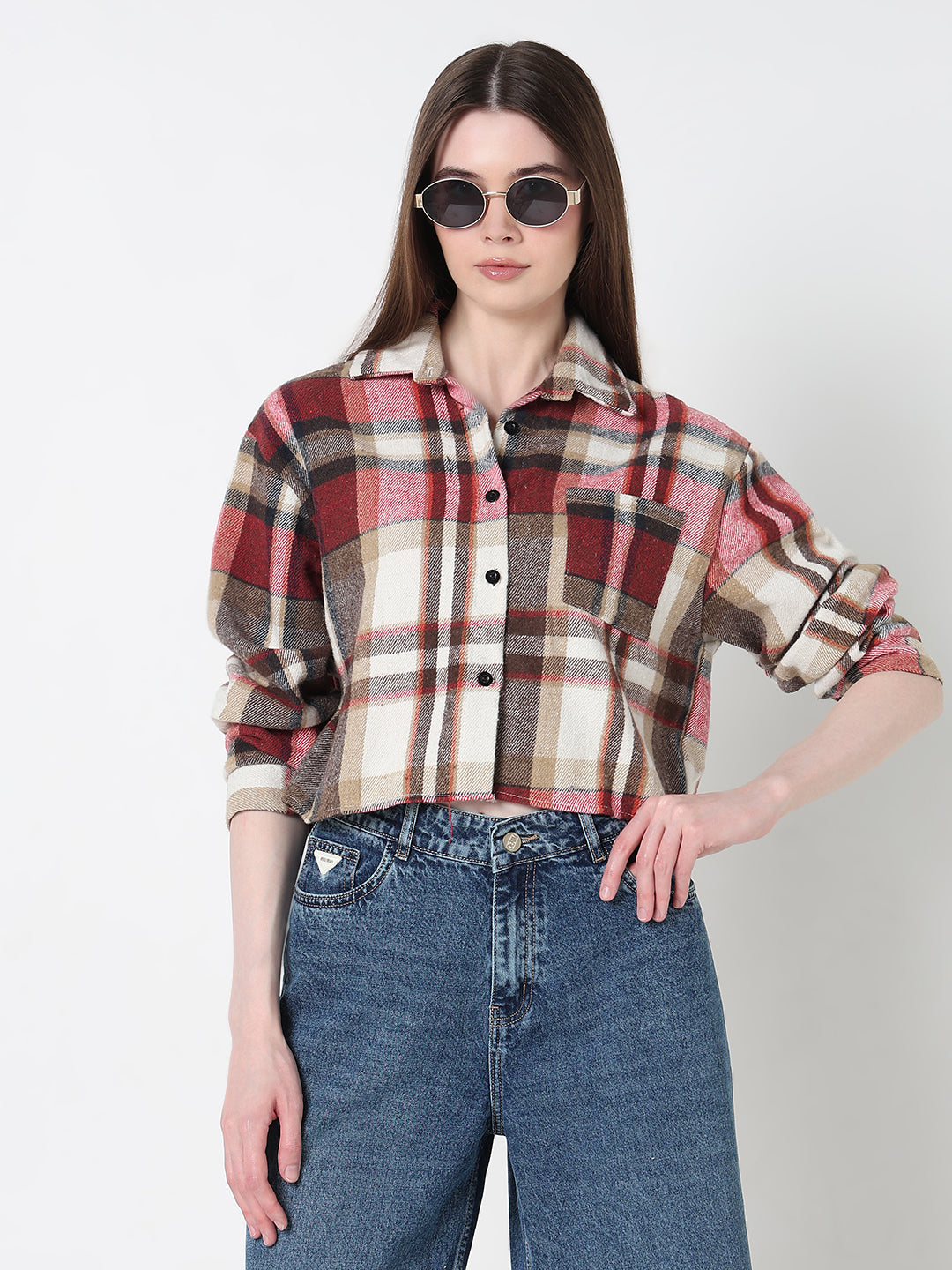 Women's Checked Red Relaxed Fit Crop Shirt with Chest Pocket