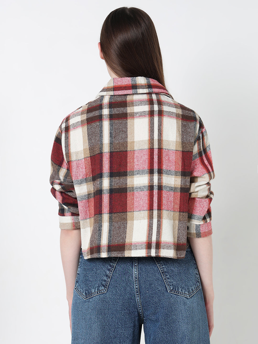 Women's Checked Red Relaxed Fit Crop Shirt with Chest Pocket