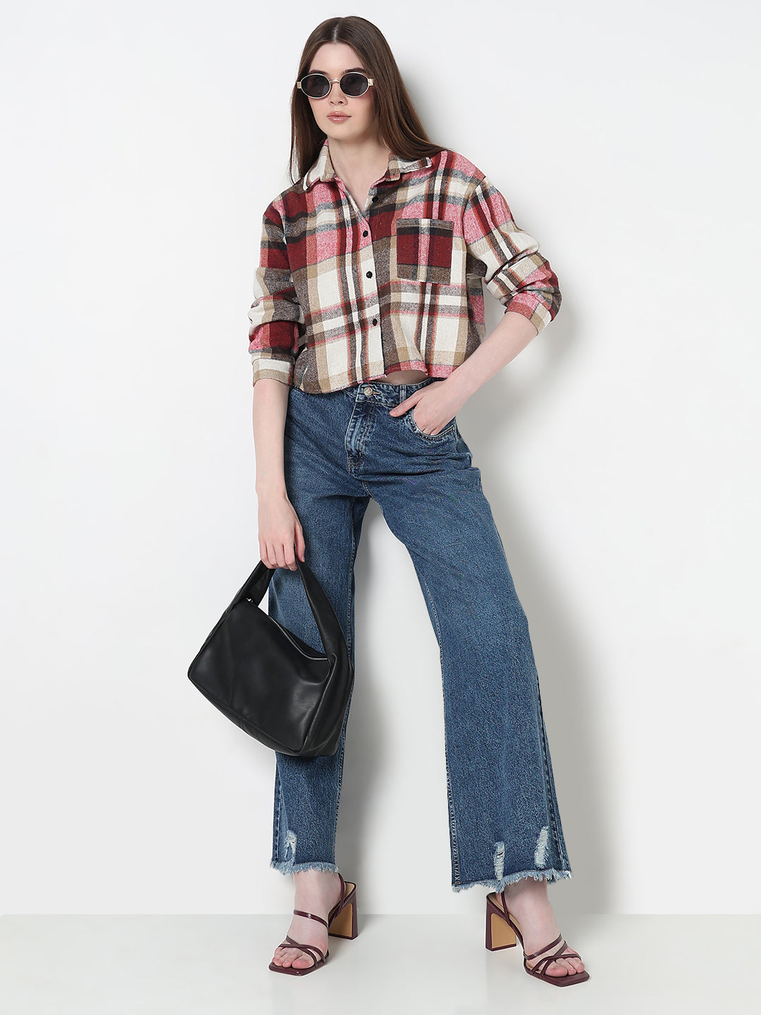 Women's Checked Red Relaxed Fit Crop Shirt with Chest Pocket
