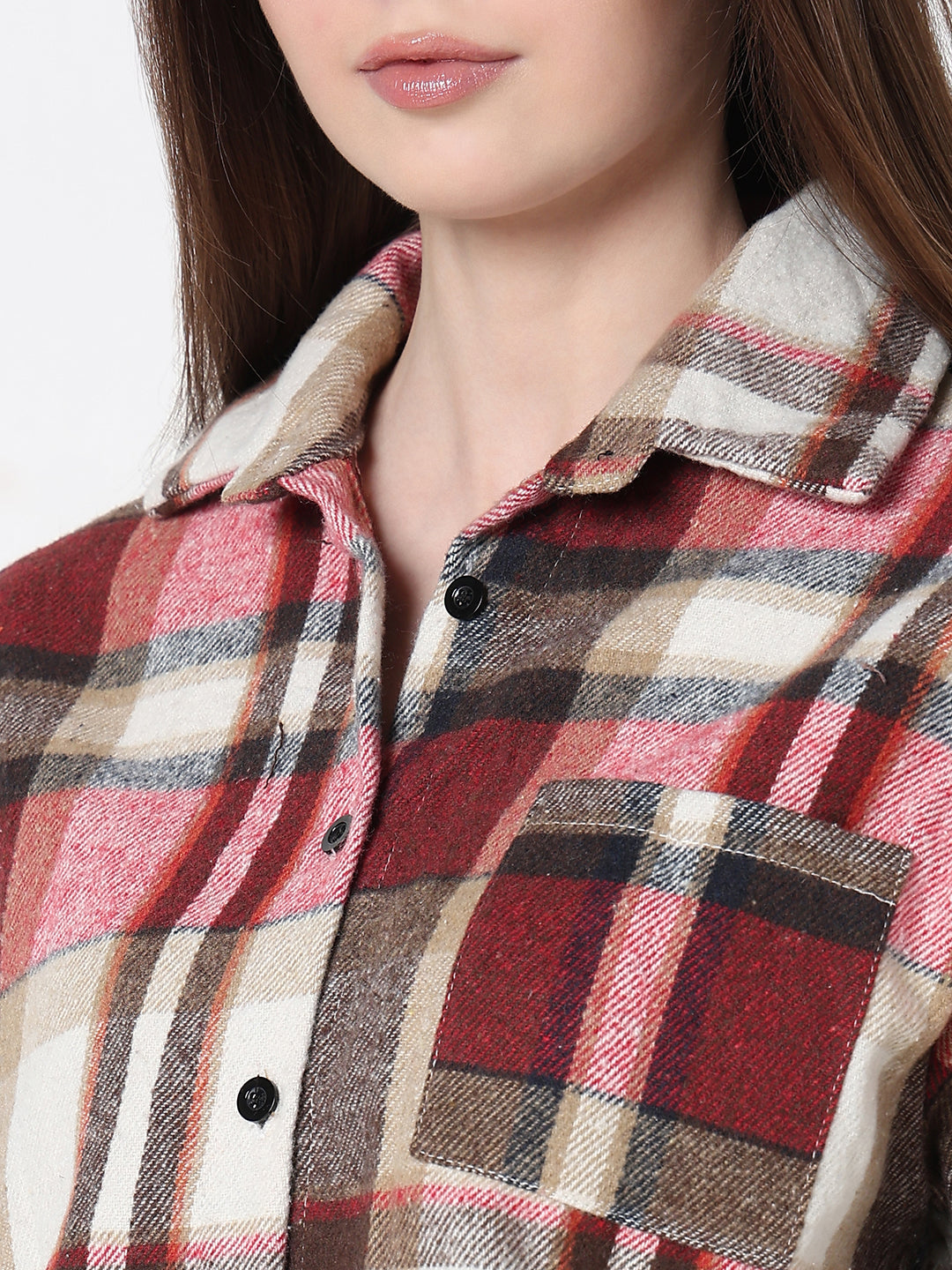 Women's Checked Red Relaxed Fit Crop Shirt with Chest Pocket