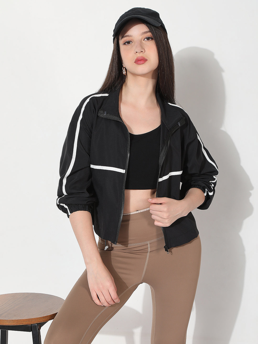 Women's Black Mock Collar Zipper Jacket with Contrast Detail