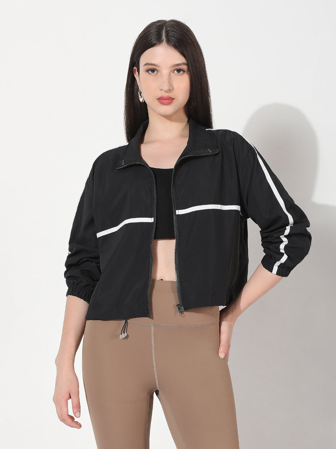 Women's Black Mock Collar Zipper Jacket with Contrast Detail