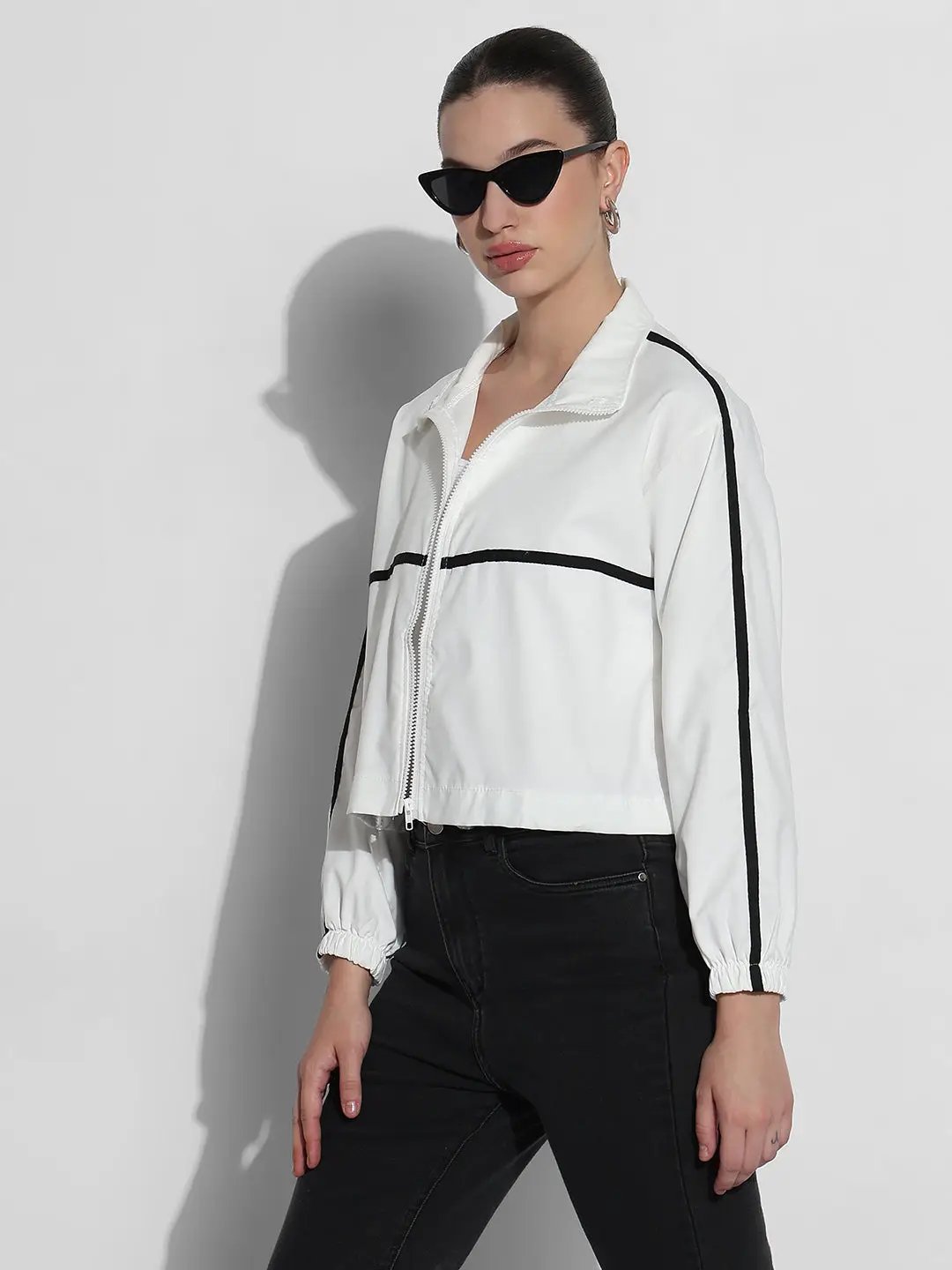 Women's White Mock Collar Zipper Jacket with Contrast Detail - from SHOWOFFFF