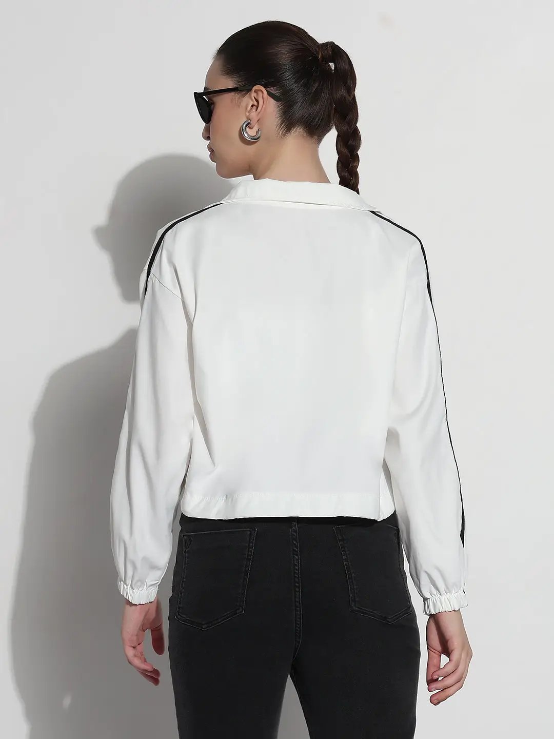 Women's White Mock Collar Zipper Jacket with Contrast Detail - from SHOWOFFFF