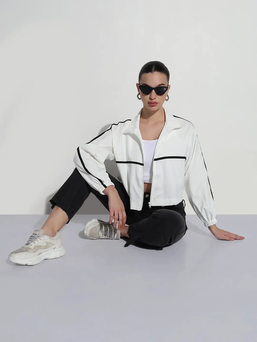 Women's White Mock Collar Zipper Jacket with Contrast Detail - from SHOWOFFFF