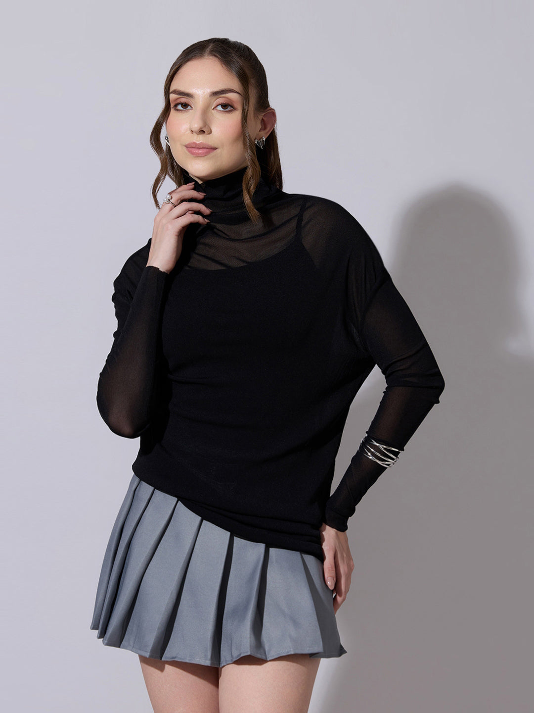 Women's Sheer Black High Neck Mesh Top