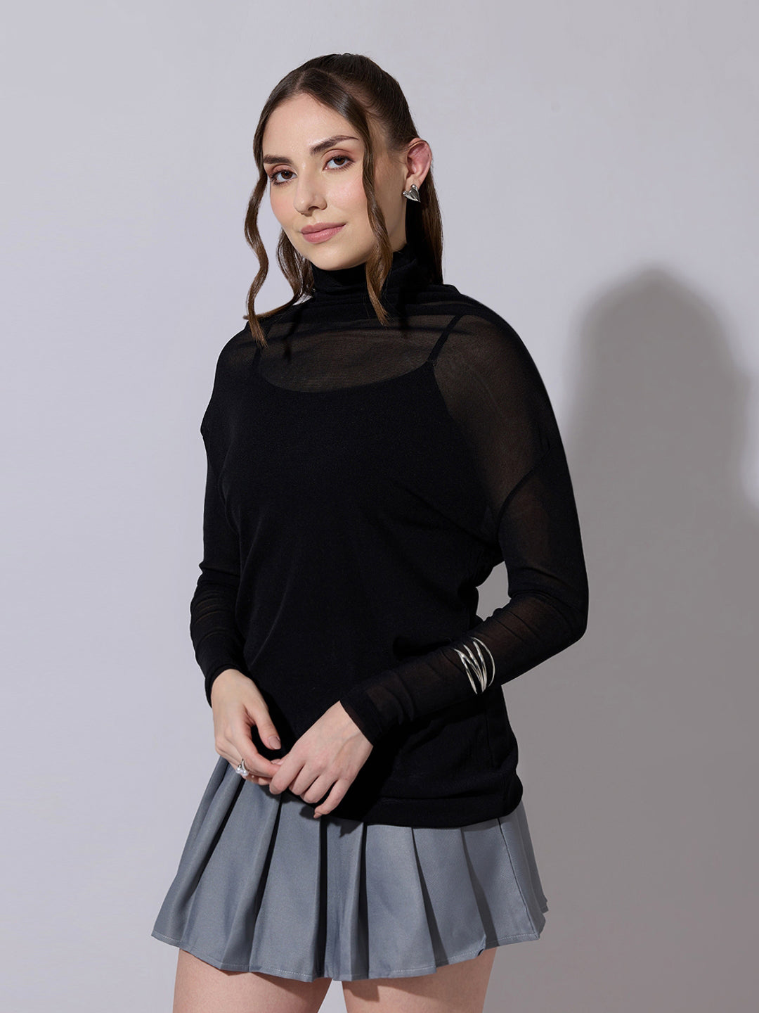 Women's Sheer Black High Neck Mesh Top