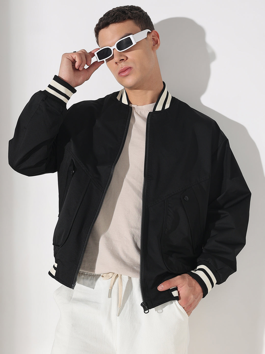 Men's Black Mandarin Collar Varsity Jacket with Utility Pockets