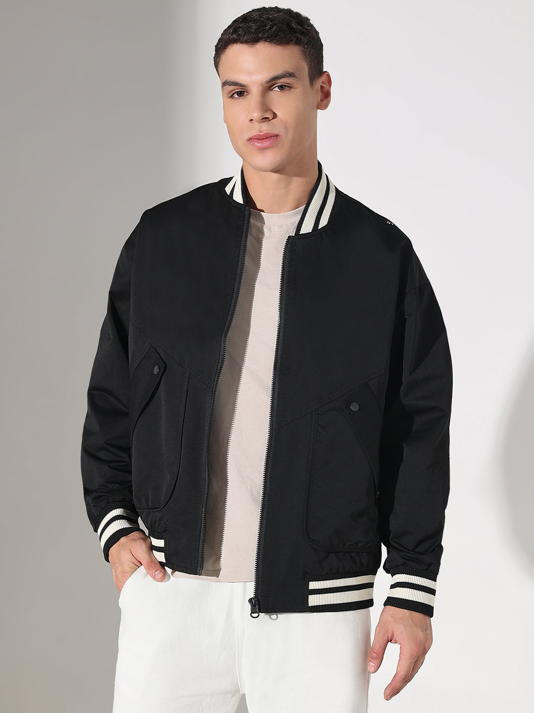 Men's Black Mandarin Collar Varsity Jacket with Utility Pockets