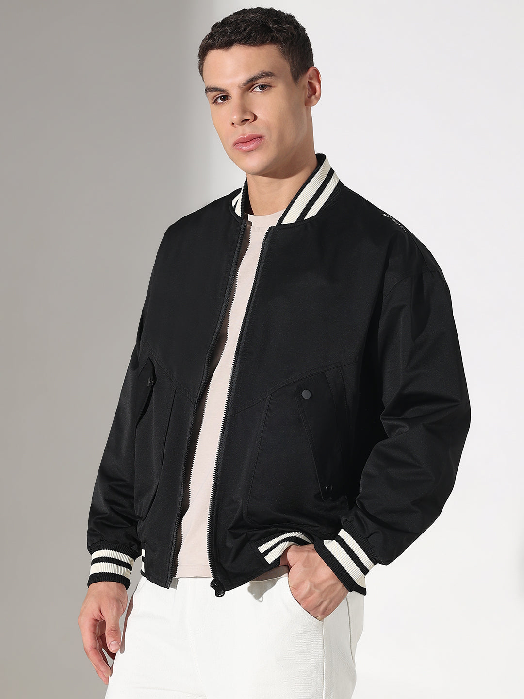 Men's Black Mandarin Collar Varsity Jacket with Utility Pockets