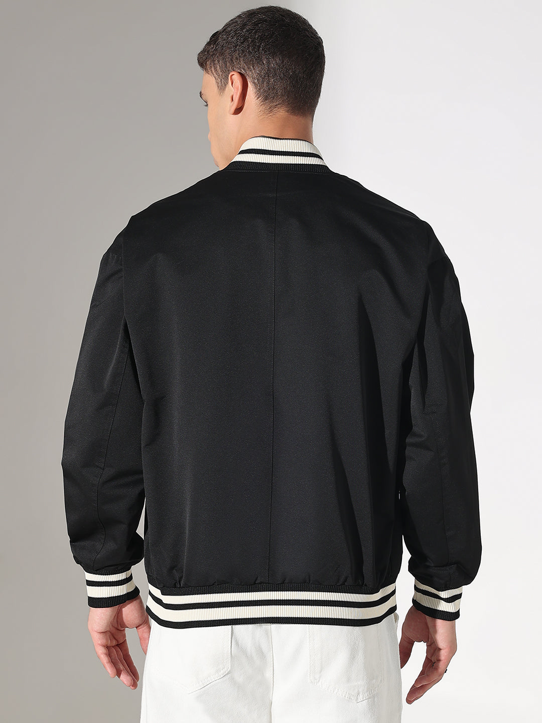 Men's Black Mandarin Collar Varsity Jacket with Utility Pockets