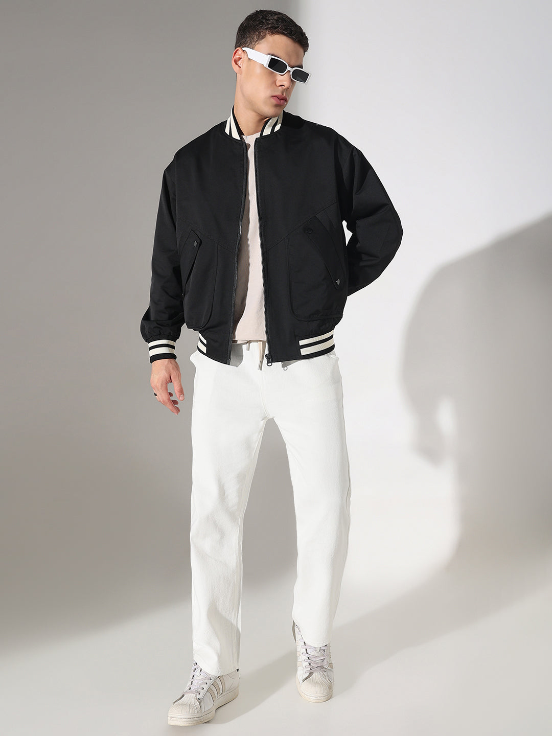 Men's Black Mandarin Collar Varsity Jacket with Utility Pockets