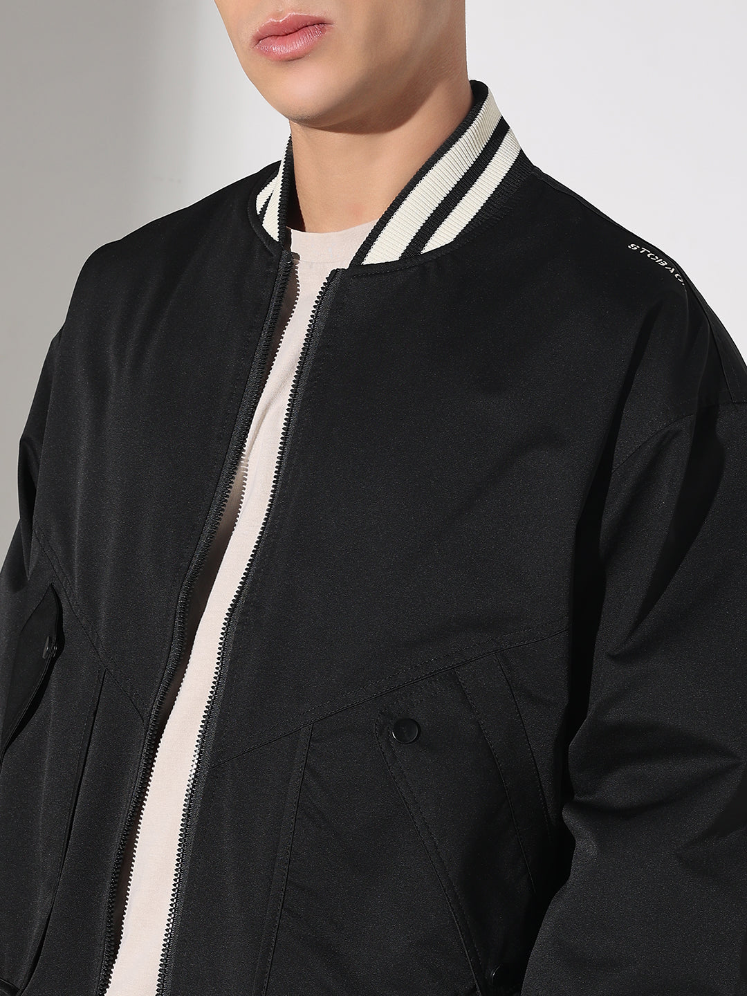 Men's Black Mandarin Collar Varsity Jacket with Utility Pockets
