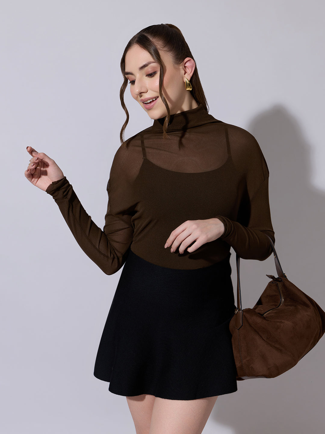 Women's Sheer Brown High Neck Mesh Top