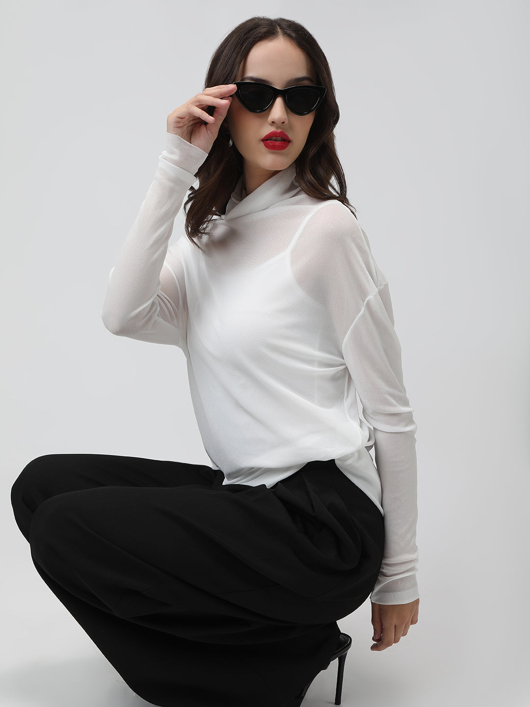 Women's White Sheer High neck Mesh Top