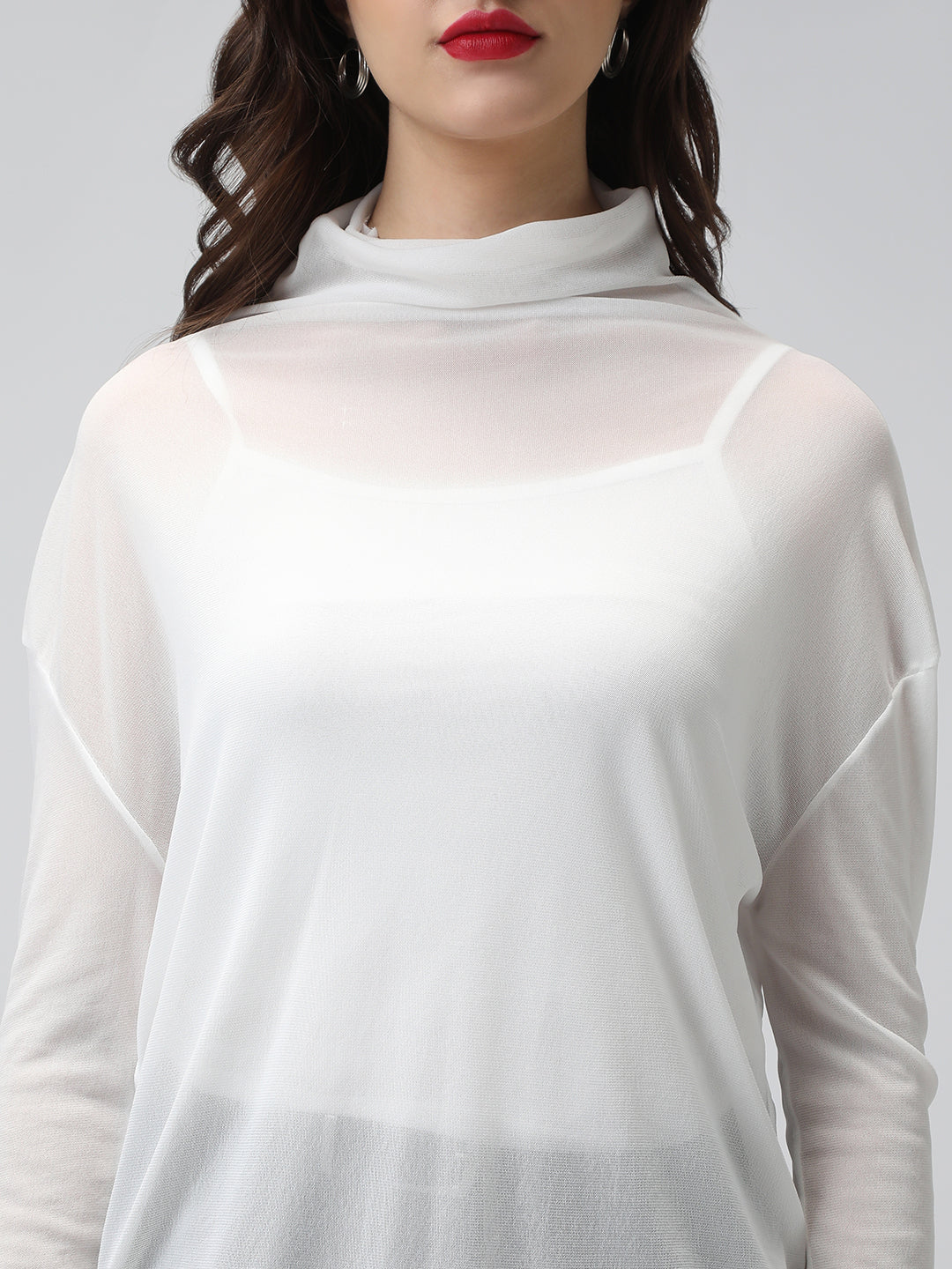 Women's White Sheer High neck Mesh Top