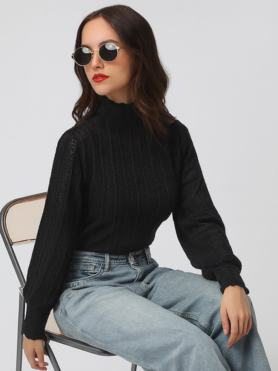 Women's Textured Black High Neck Top