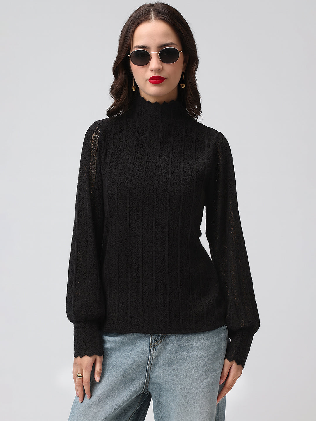Women's Textured Black High Neck Top