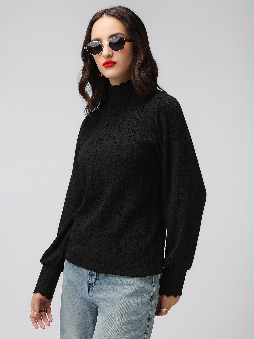 Women's Textured Black High Neck Top