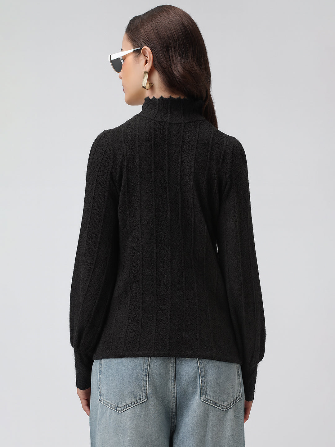 Women's Textured Black High Neck Top