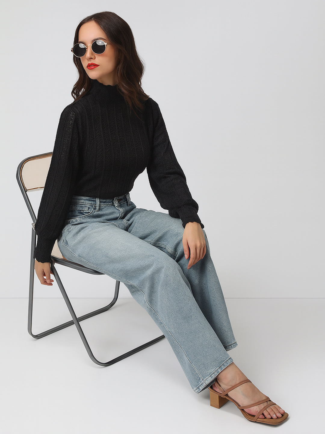 Women's Textured Black High Neck Top