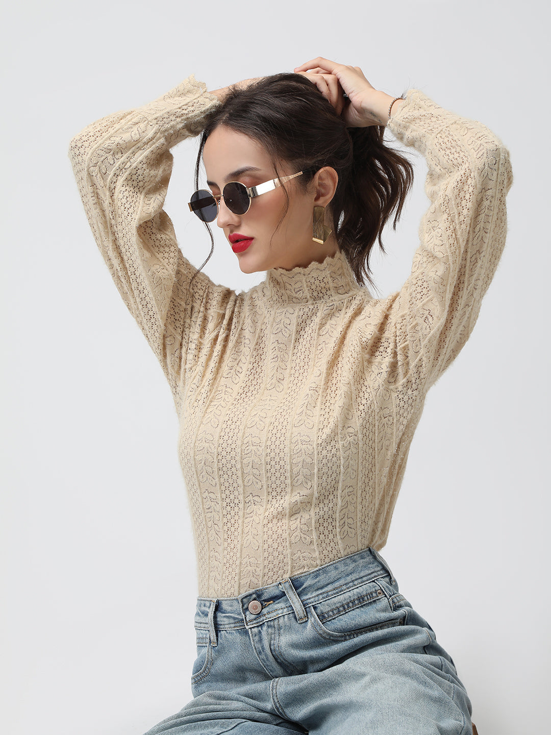Women's Textured Cream High Neck Top