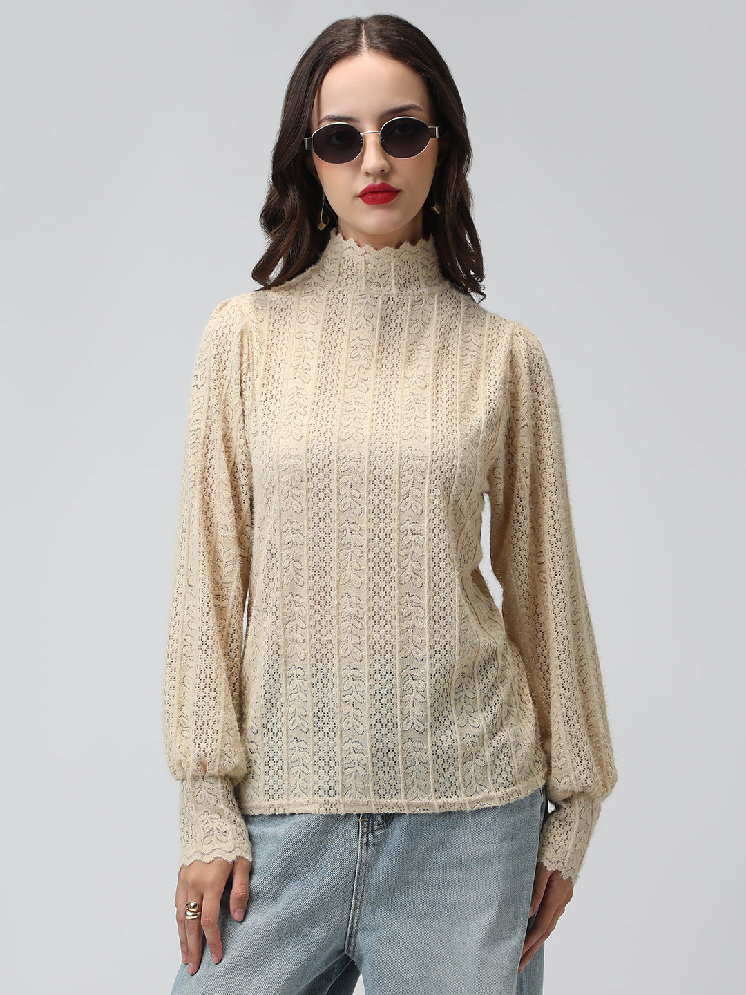 Women's Textured Cream High Neck Top