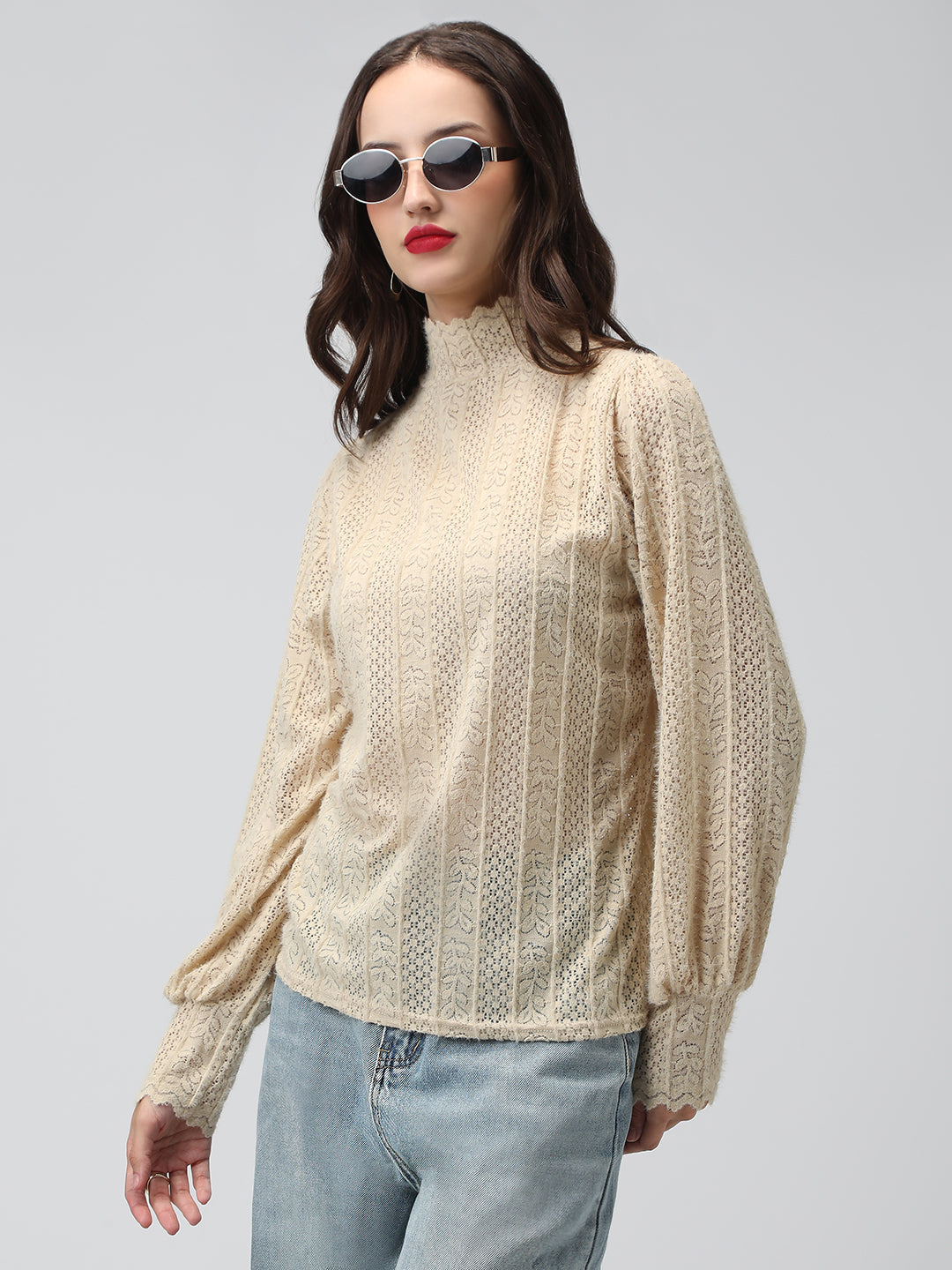 Women's Textured Cream High Neck Top