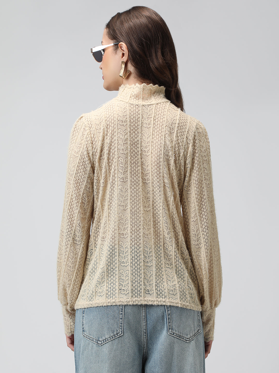 Women's Textured Cream High Neck Top