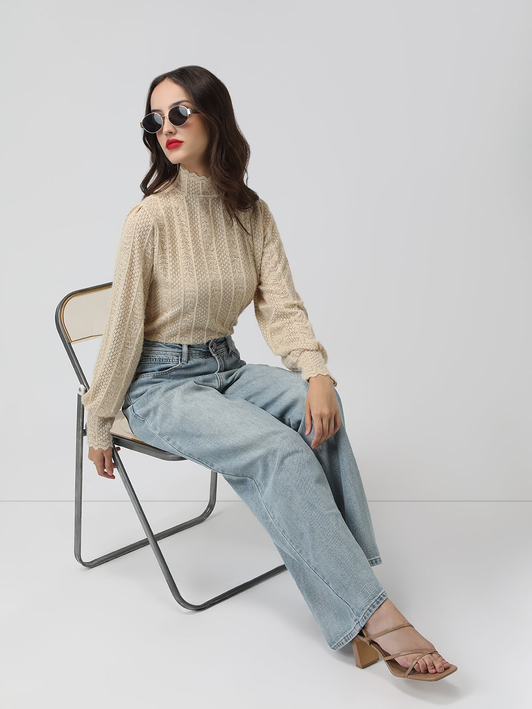 Women's Textured Cream High Neck Top