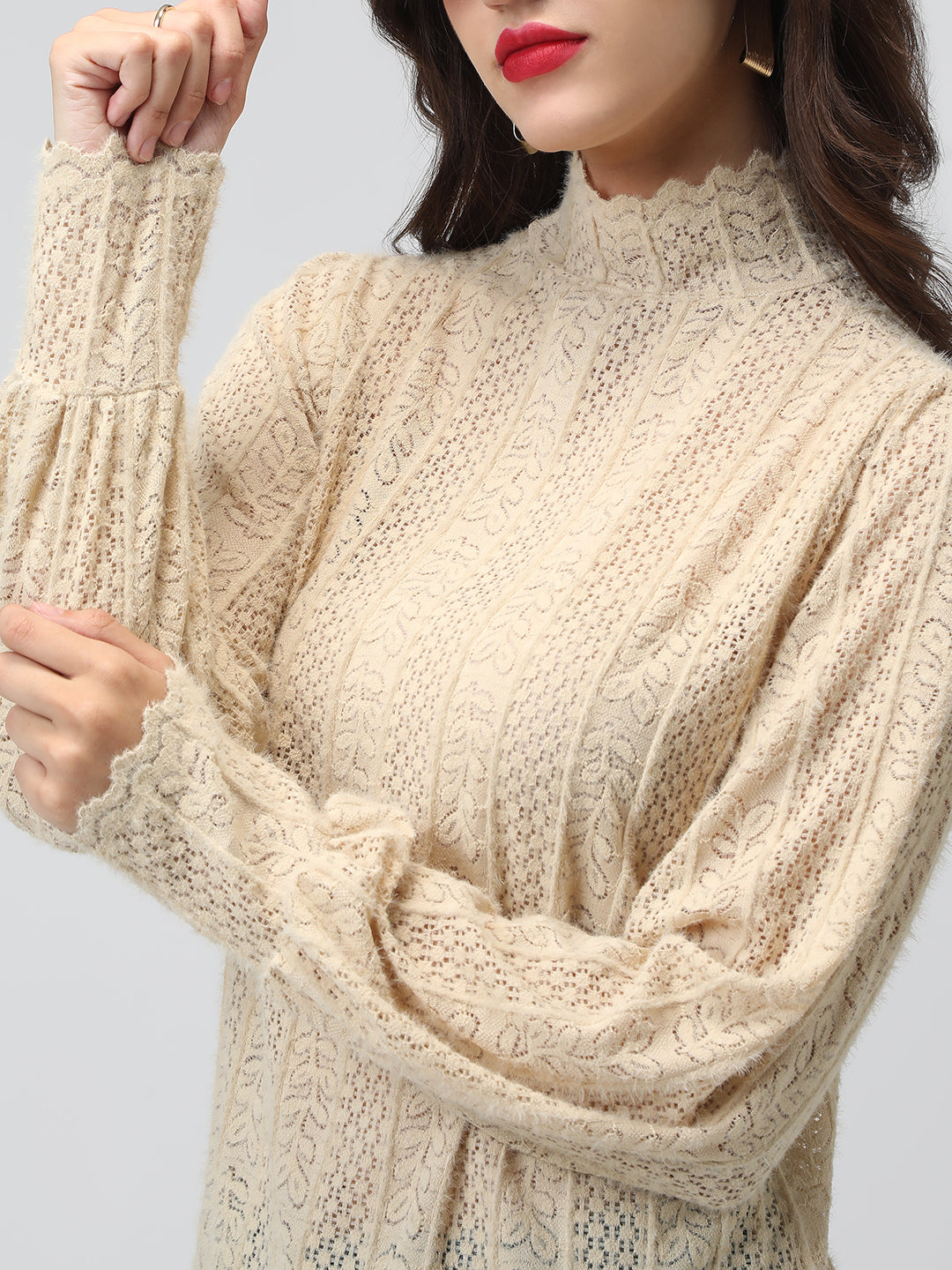 Women's Textured Cream High Neck Top