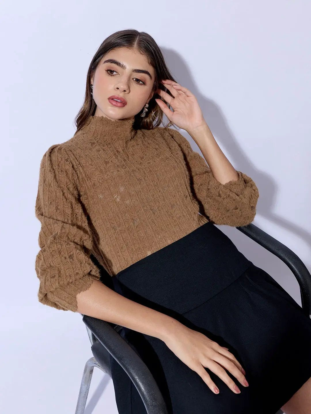 Women's Textured Brown High Neck Knit Top