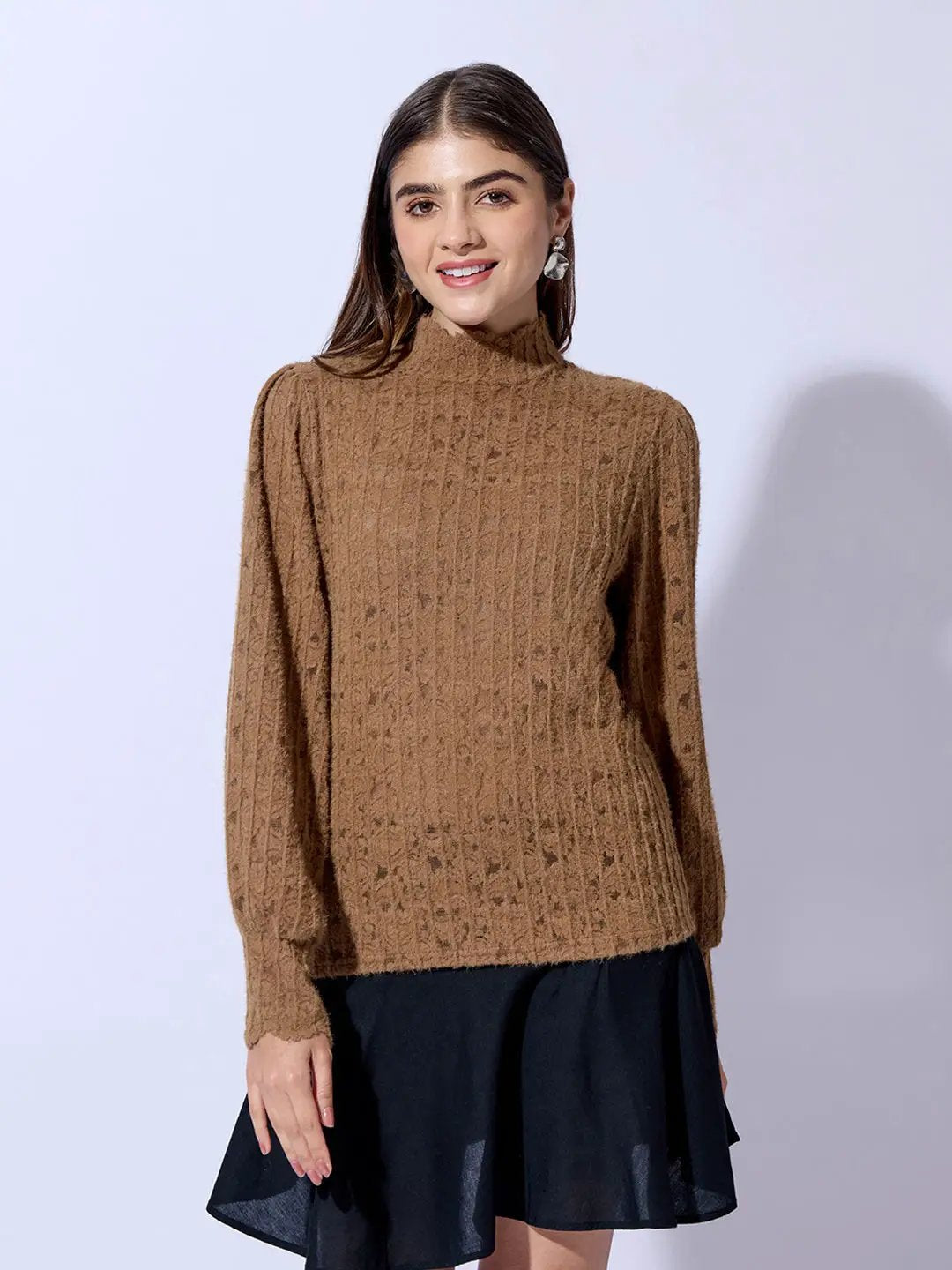 Women's Textured Brown High Neck Knit Top