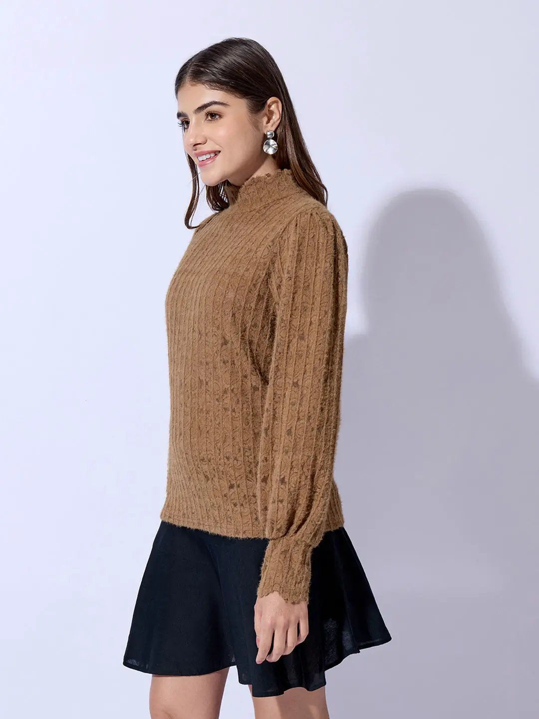 Women's Textured Brown High Neck Knit Top