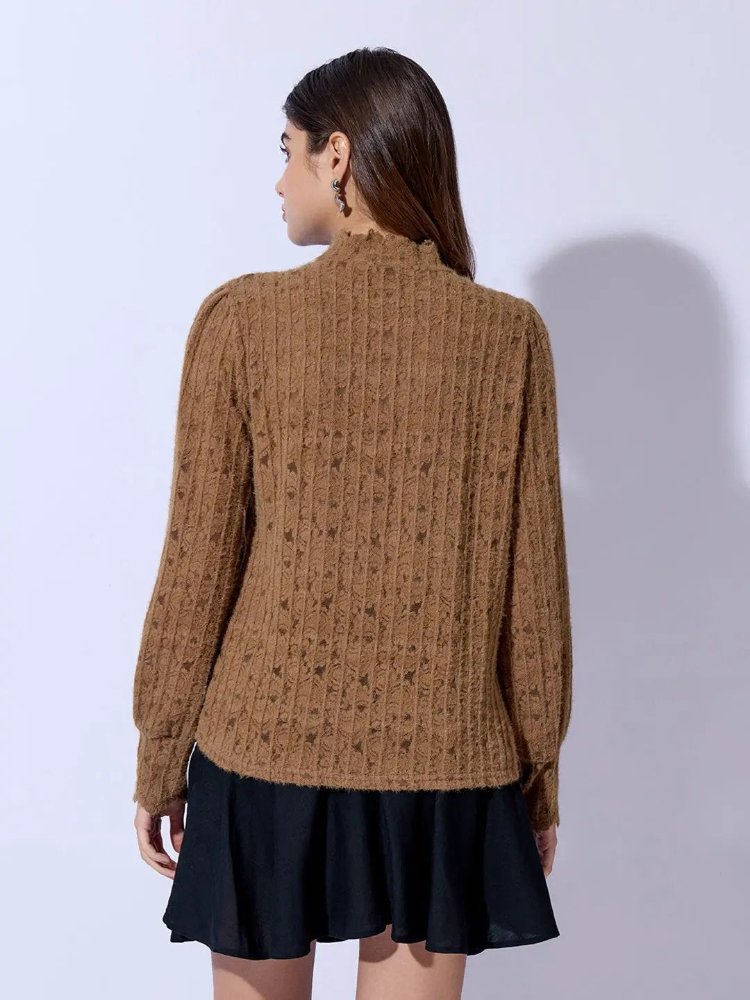 Women's Textured Brown High Neck Knit Top