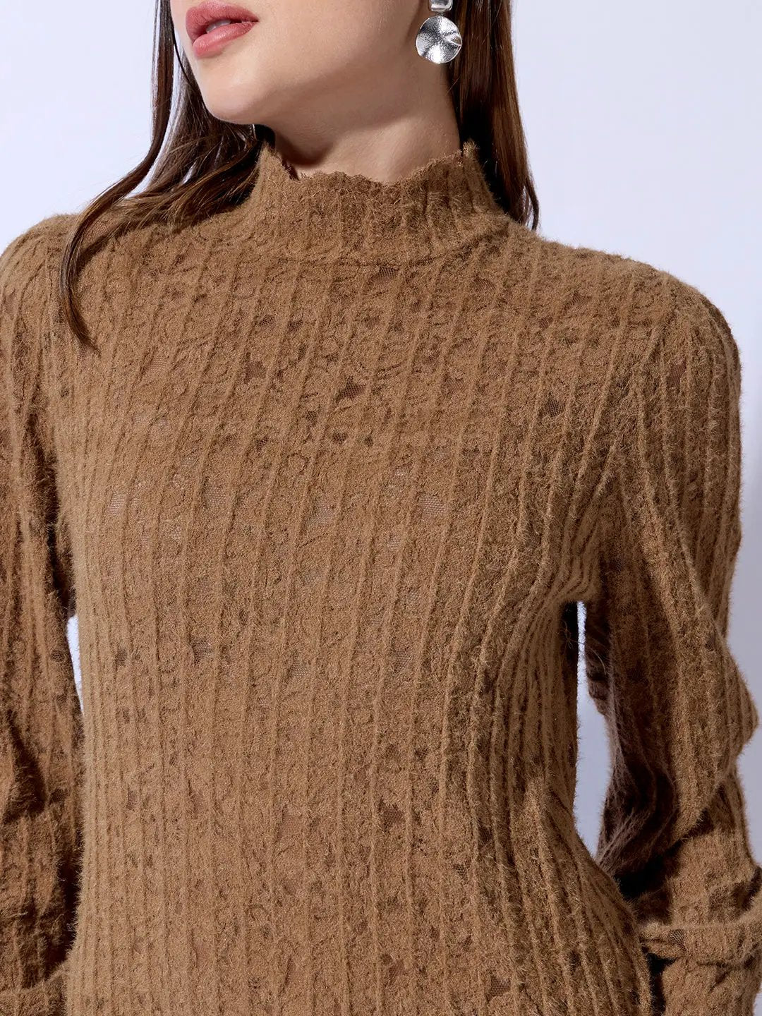 Women's Textured Brown High Neck Knit Top