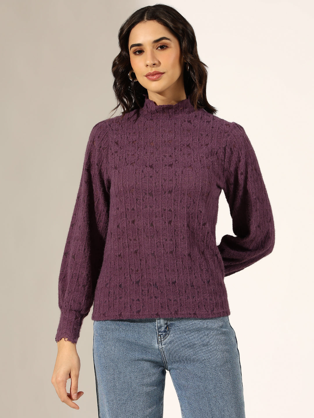 Women's Textured Purple High Neck Knit Top