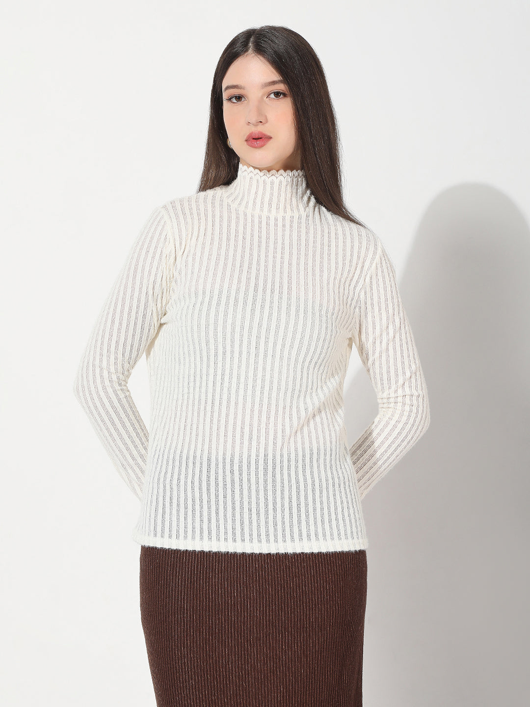Women's Textured White High Neck Knitted Top