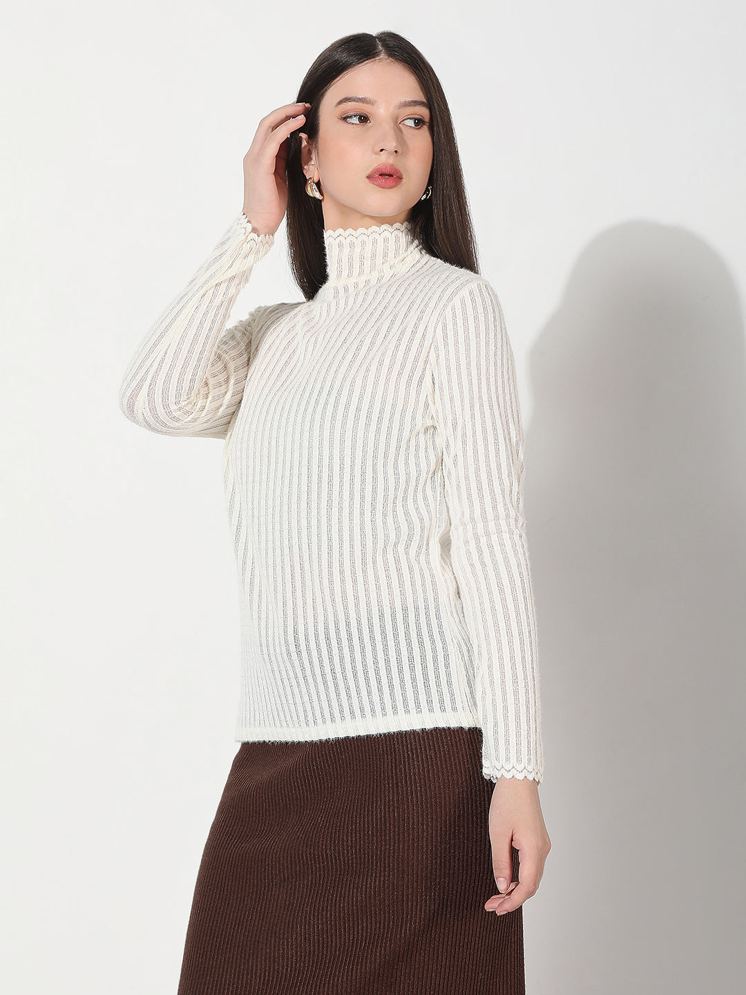 Women's Textured White High Neck Knitted Top
