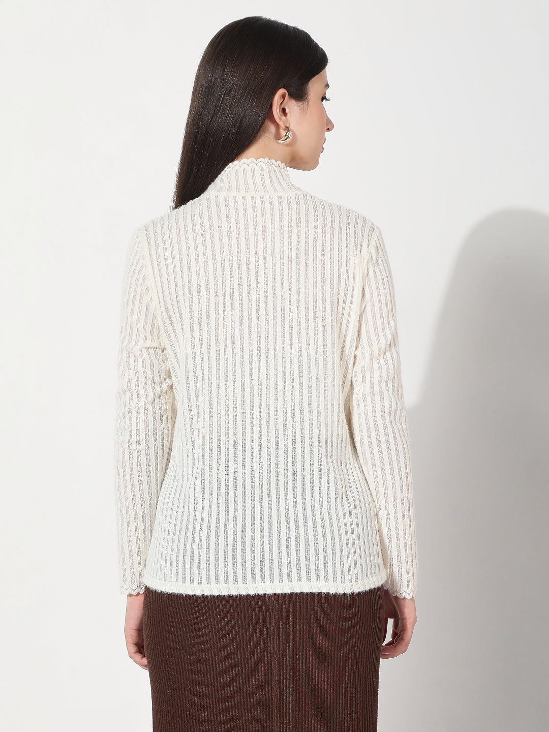 Women's Textured White High Neck Knitted Top