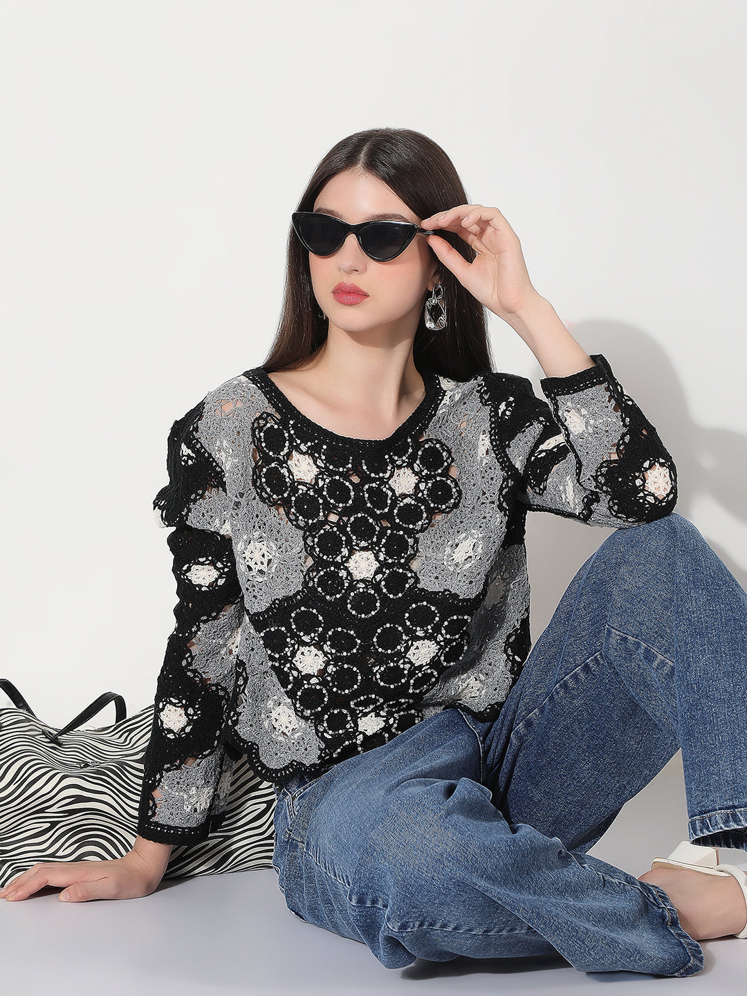 Women's Floral Black Crochet Top