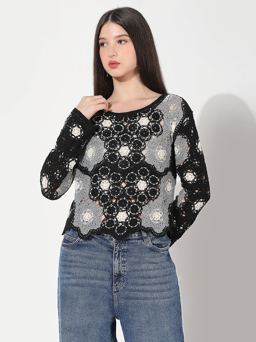 Women's Floral Black Crochet Top