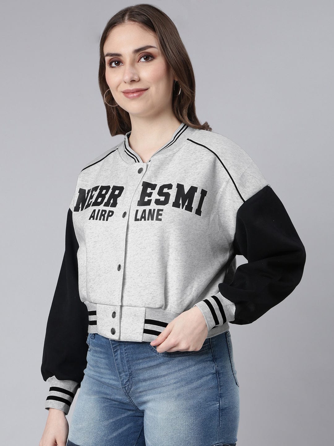 Women's Mandarin Collar Typography Grey Crop Oversized Drop Shoulder Varsity Jacket